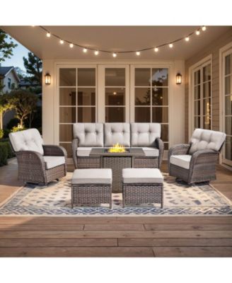 6 Pieces Patio Furniture Set with 30" Fire Pit High Back Outdoor Furniture Set 5-inch Cushions Wicker Patio Swivel Rocker Chairs