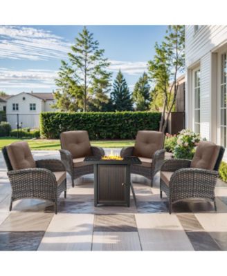 Rattan Furniture Set with Fire Pit Table Sectional Sofas All Weather Wicker Conversation for Garden Backyard