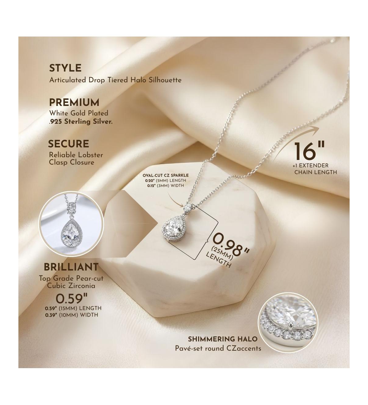 Genevive Sterling Silver White Gold Plated Clear Pear with Oval and Round Cubic Zirconia Accent Drop Necklace