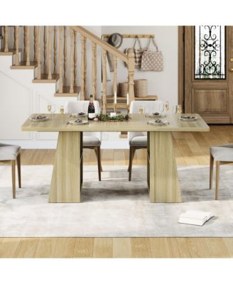 Rectangular Dining Bench Table, Thick Wood Grain Tabletop, Trapezoid Support Legs with Side Open Storage Shelf for Kitchen Dining