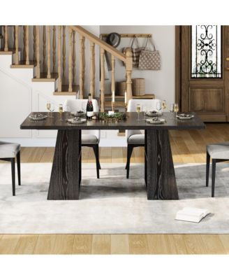 Rectangular Dining Bench Table, Thick Wood Grain Tabletop, Trapezoid Support Legs with Side Open Storage Shelf for Kitchen Dining