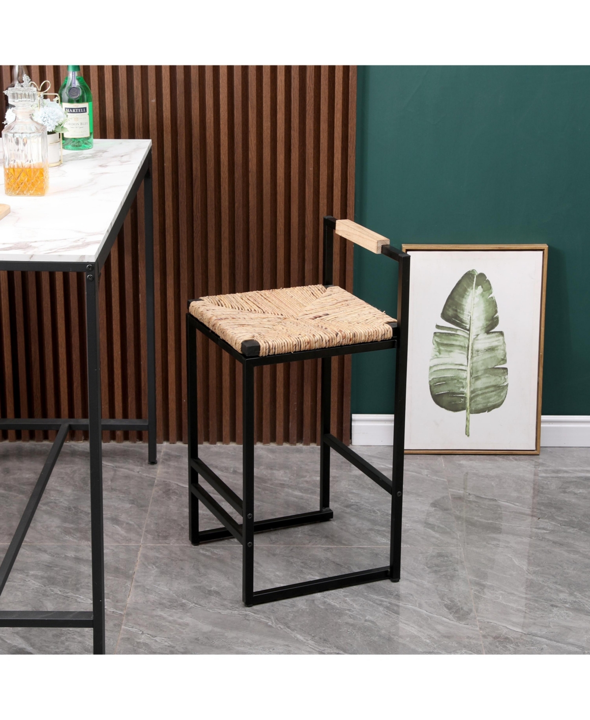 Flynama Set of 2 Water Hyacinth Woven Bar Stools with Back Support