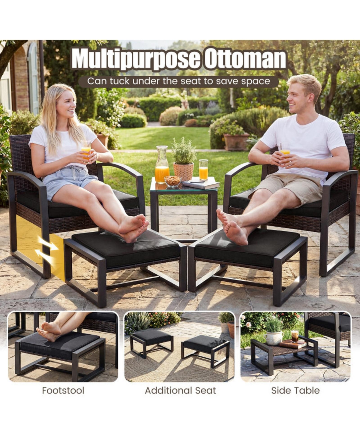 Sugift 5-Piece Patio Conversation Set with 2 Ottomans and Tempered Glass Side Table