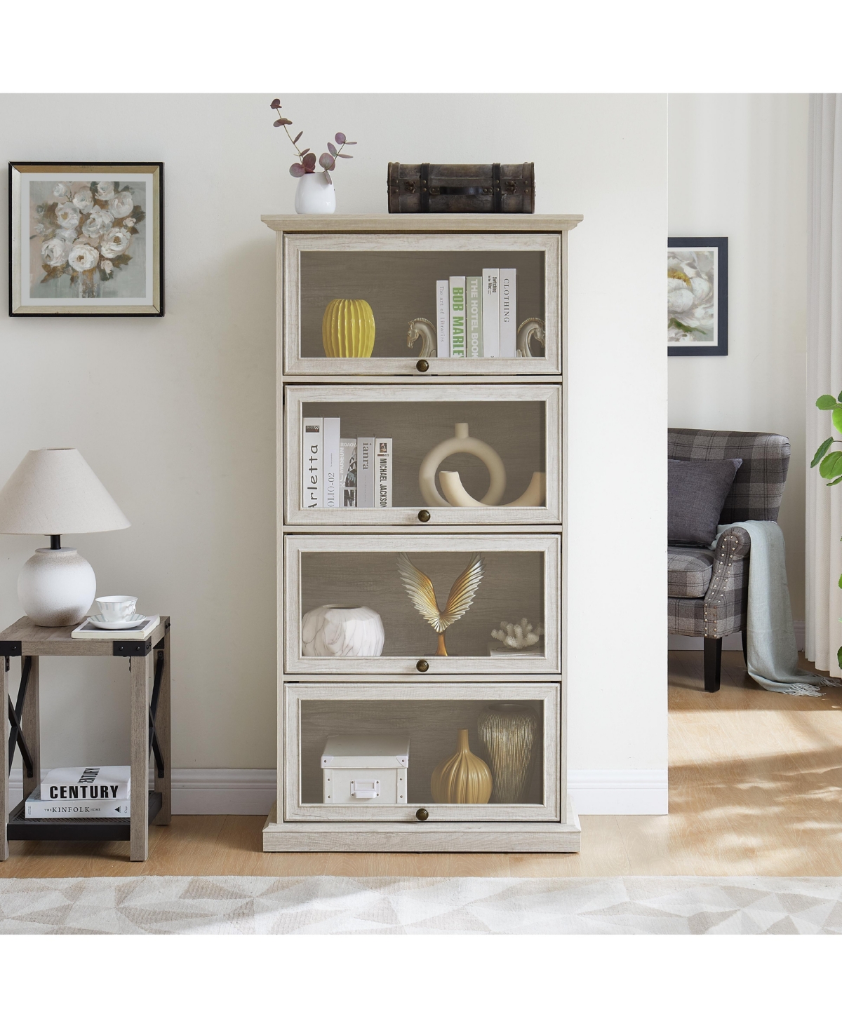 Flynama 4-Tier Tempered Glass Display Cabinet Flip-Up Door Household Collectible Toy Book Storage Showcase Cabinet