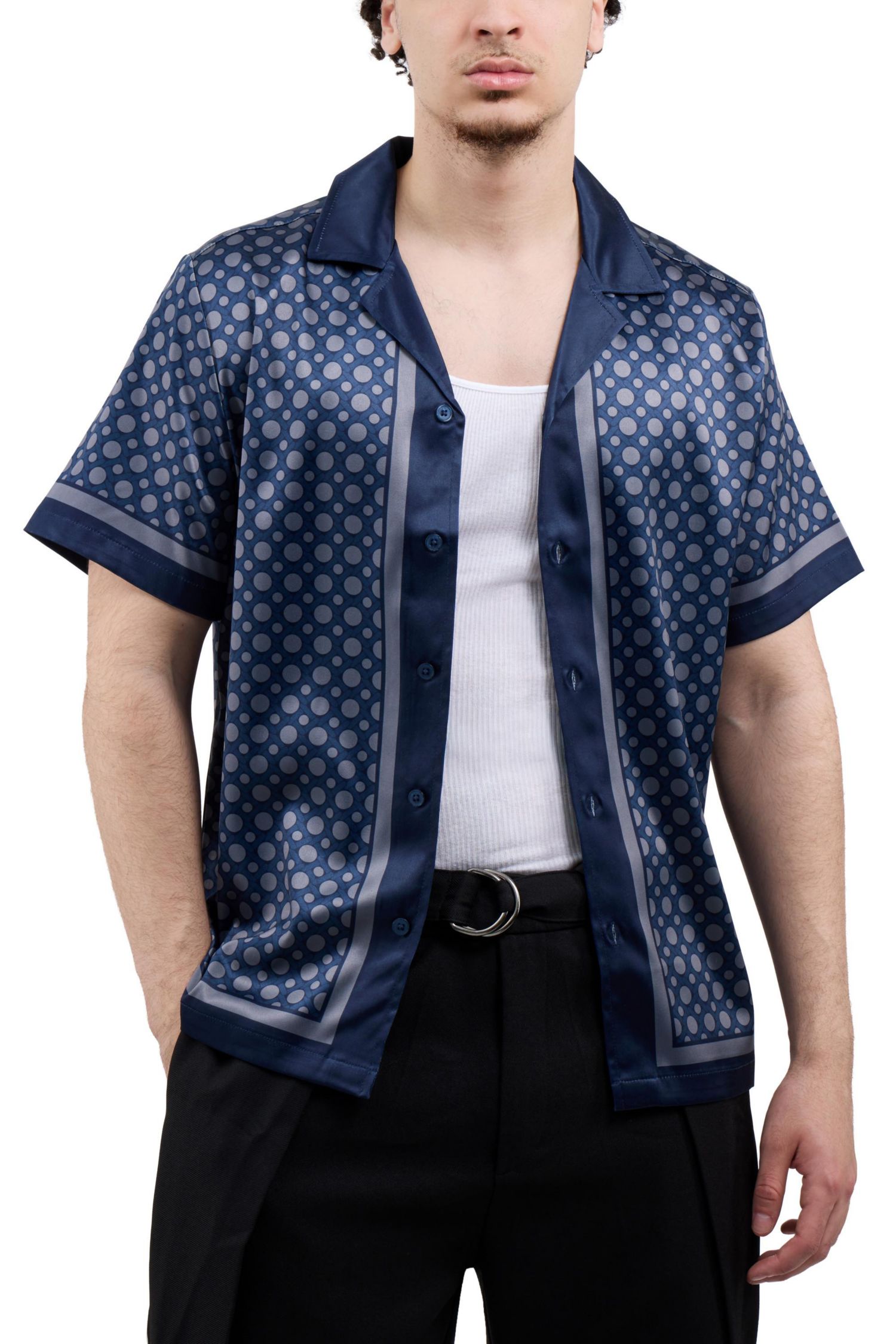 Men's Regular Fit Camp Collar Short Sleeve Printed Woven Satin Shirt