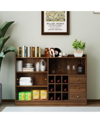 Double Sliding Striped Glass Door Sideboard Wooden Freestanding Storage Cabinet Wine Cabinet For Home Garage Use