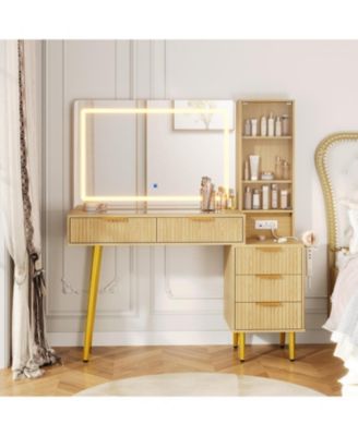 Almond 5-Drawer Vanity Desk, Makeup Dressing Table with Built-in USB Charging Station