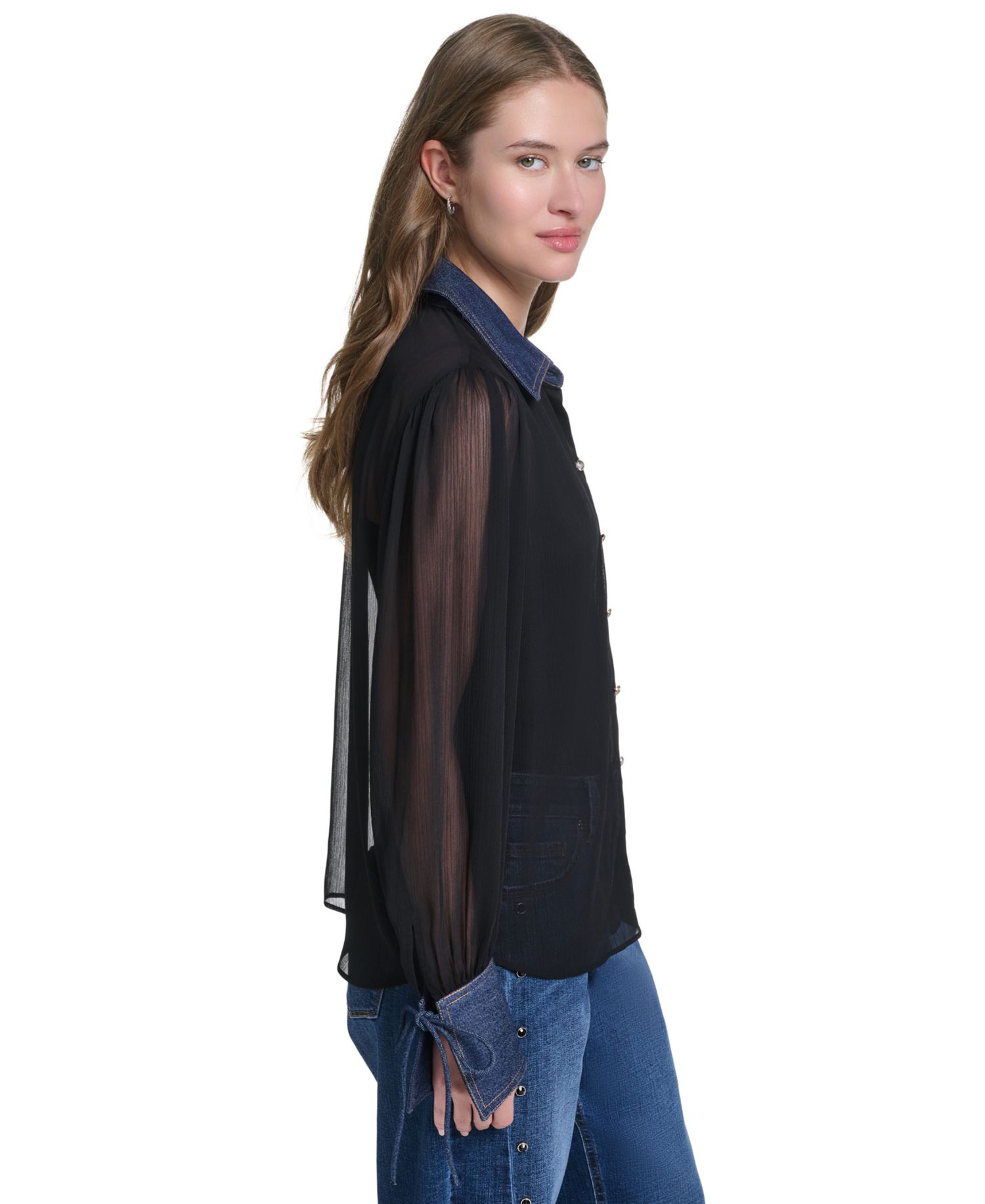 Petite Denim Collar and Cuff Crinkle Chiffon Button-Up Top