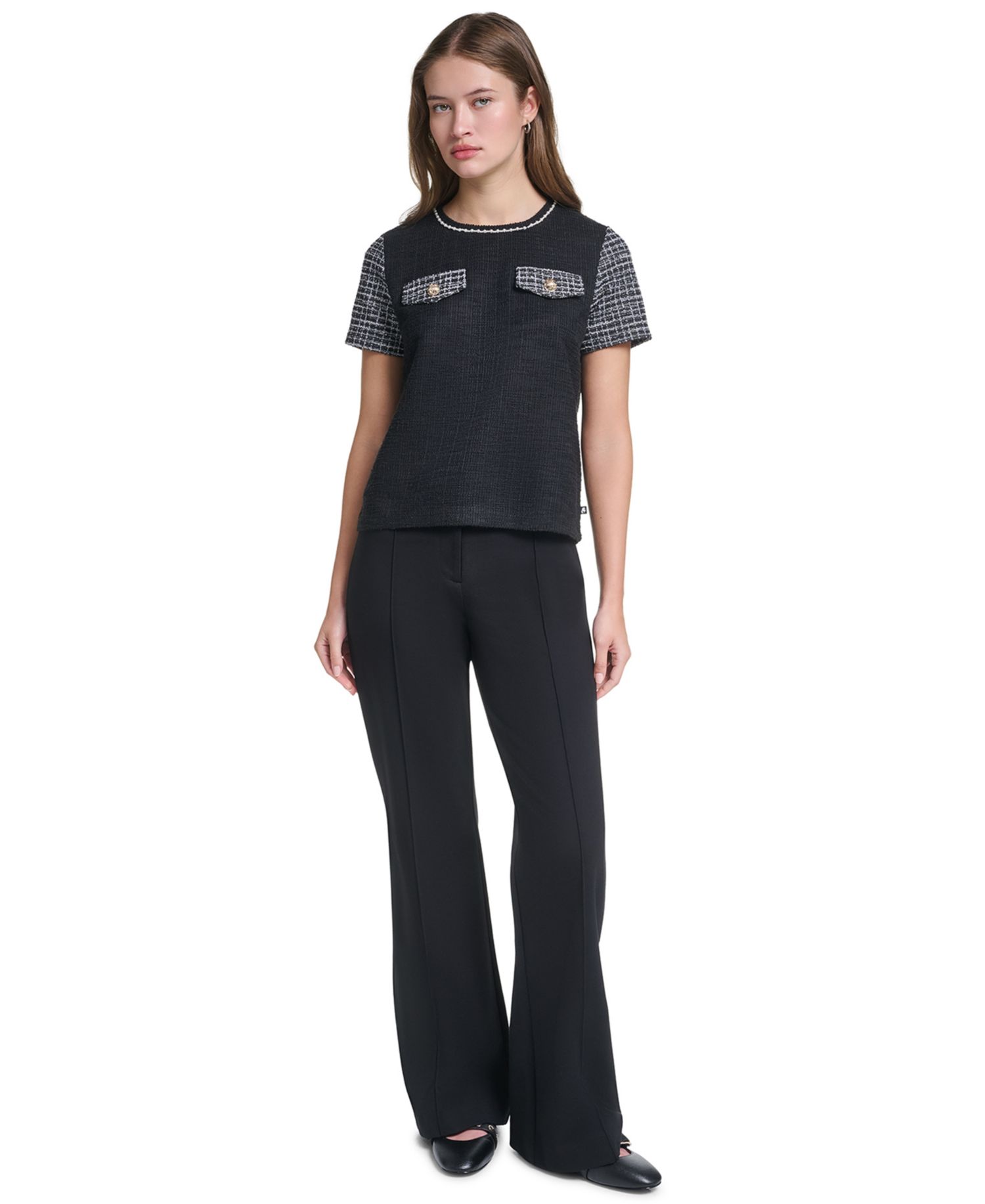 Petite Short-Sleeve Trim Crewneck Blouse