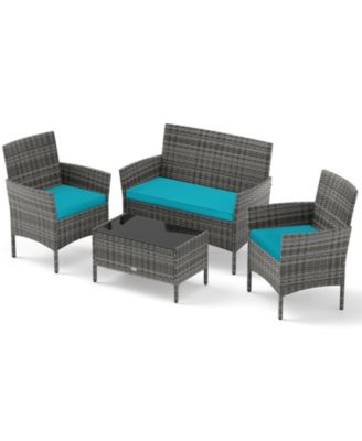 4 Pieces Patio Rattan Conversation Set with Tempered Glass Coffee Table