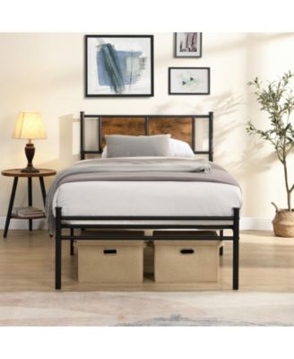 Twin Size Metal Bed Frame with Wood Panel Headboard, Steel Structure, No Box Spring Needed