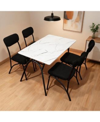 5 Piece Dining Set for 4 with Marble Tabletop, Boucle Chairs and Storage Shelf