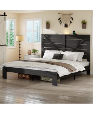 King Size Wood Platform Bed Frame with Metal Frame, Industrial Style, Heavy Duty Steel Slats, No Box Spring Needed