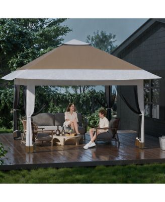 12 x 12 Feet Cantilevered Folding Shelter With Roll-Up Eaves And Mesh Sidewalls, Pop-Up Patio Canopy For Backyard