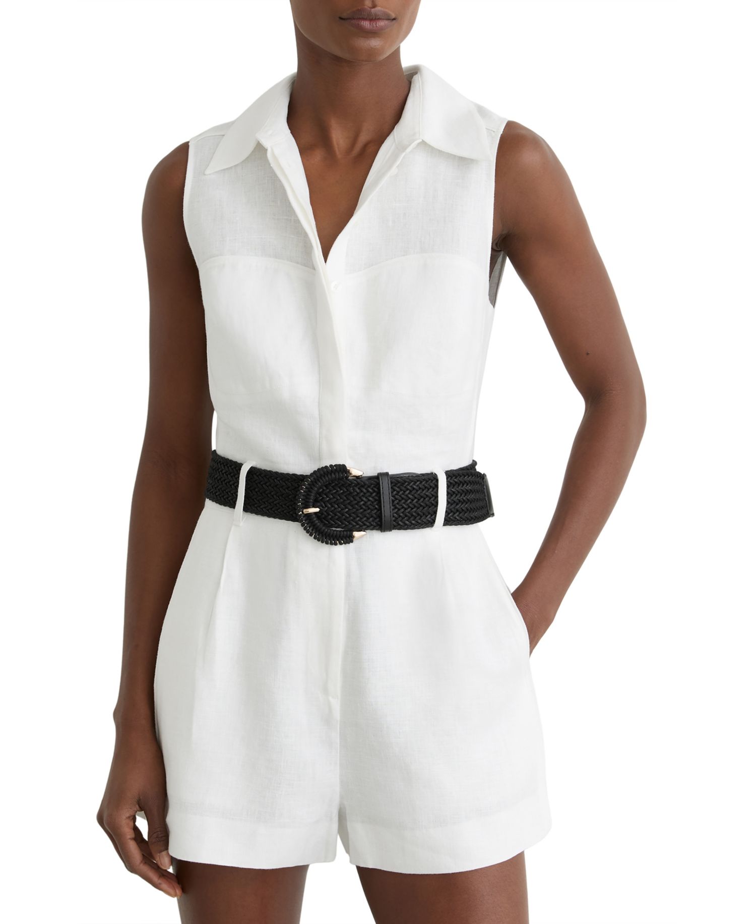 Women's Linen Sleeveless Belted Playsuit