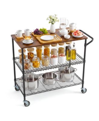 35" Rolling Kitchen Cart with Wood Top, 3 Tier Metal Shelf Serving Cart on Wheels with 10 Hooks and Lockable Casters, Kitchen Utility Cart