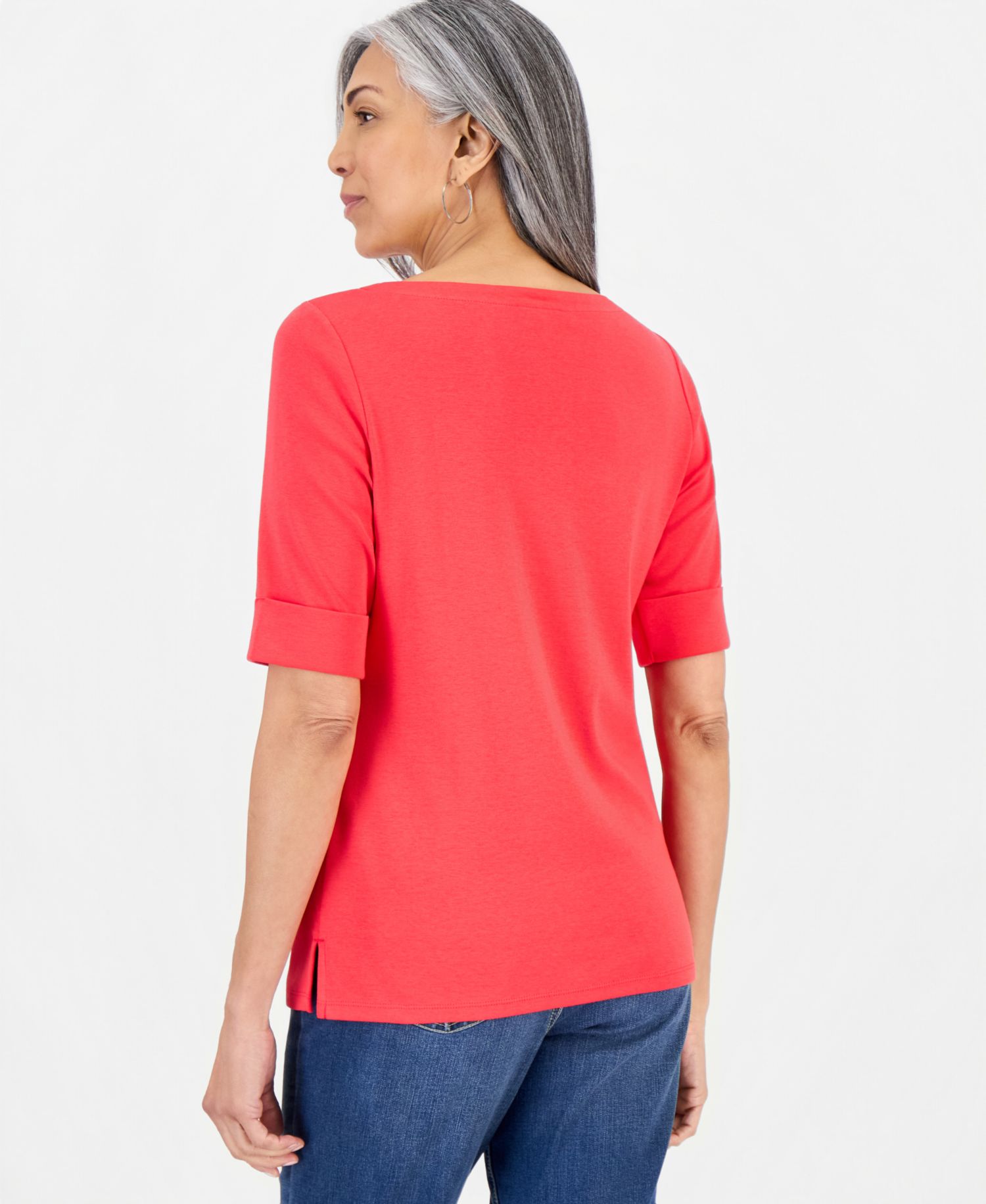 Petite Cotton Elbow-Sleeve Boat-Neck Top