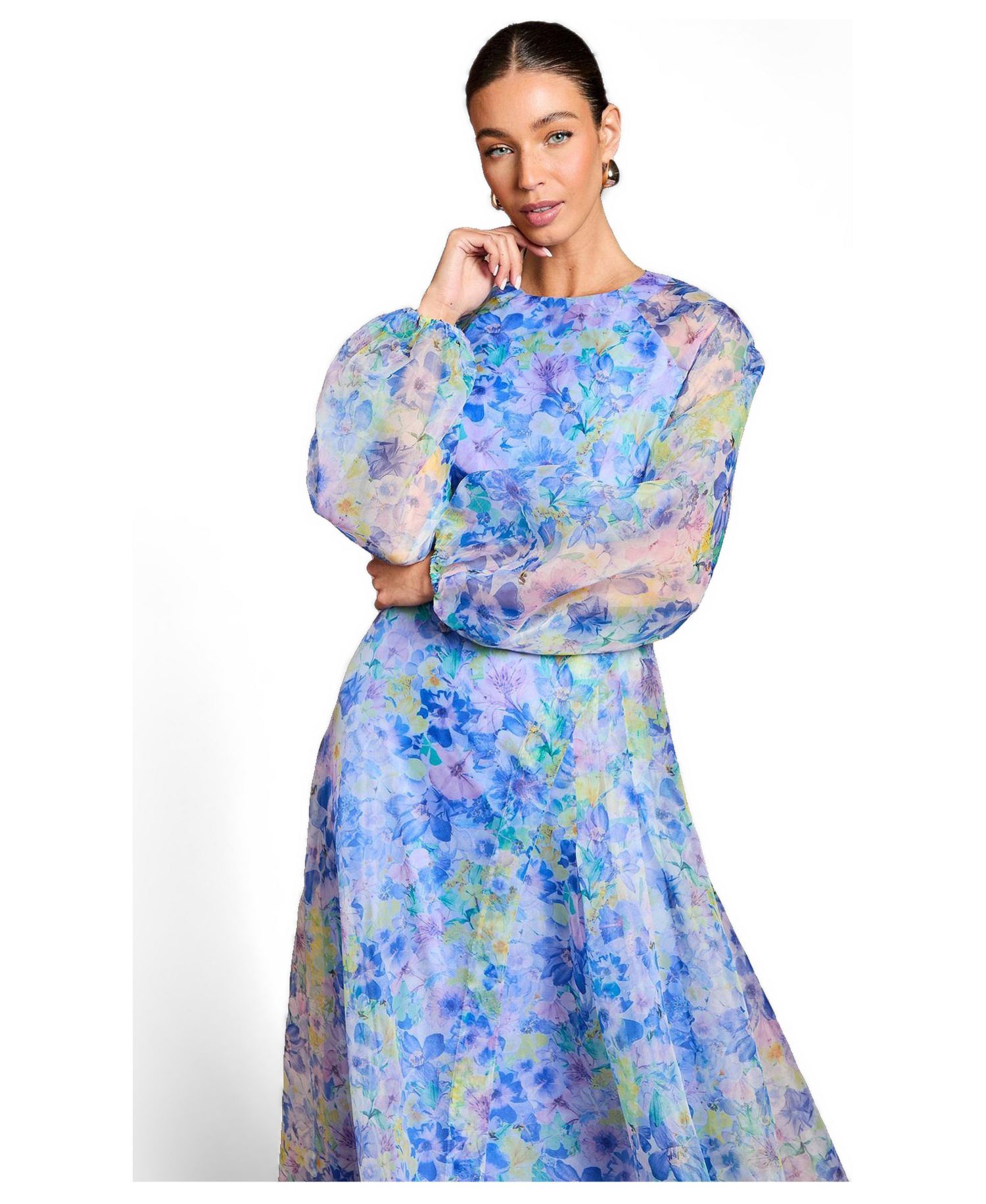Organza Floral Puff Sleeve Midi Dress