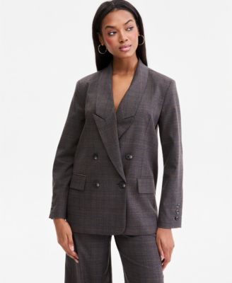 Women's Plaid Peak-Lapel Double-Breasted Blazer