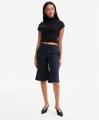 Women's Pinstripe High-Rise Knee-Length Shorts