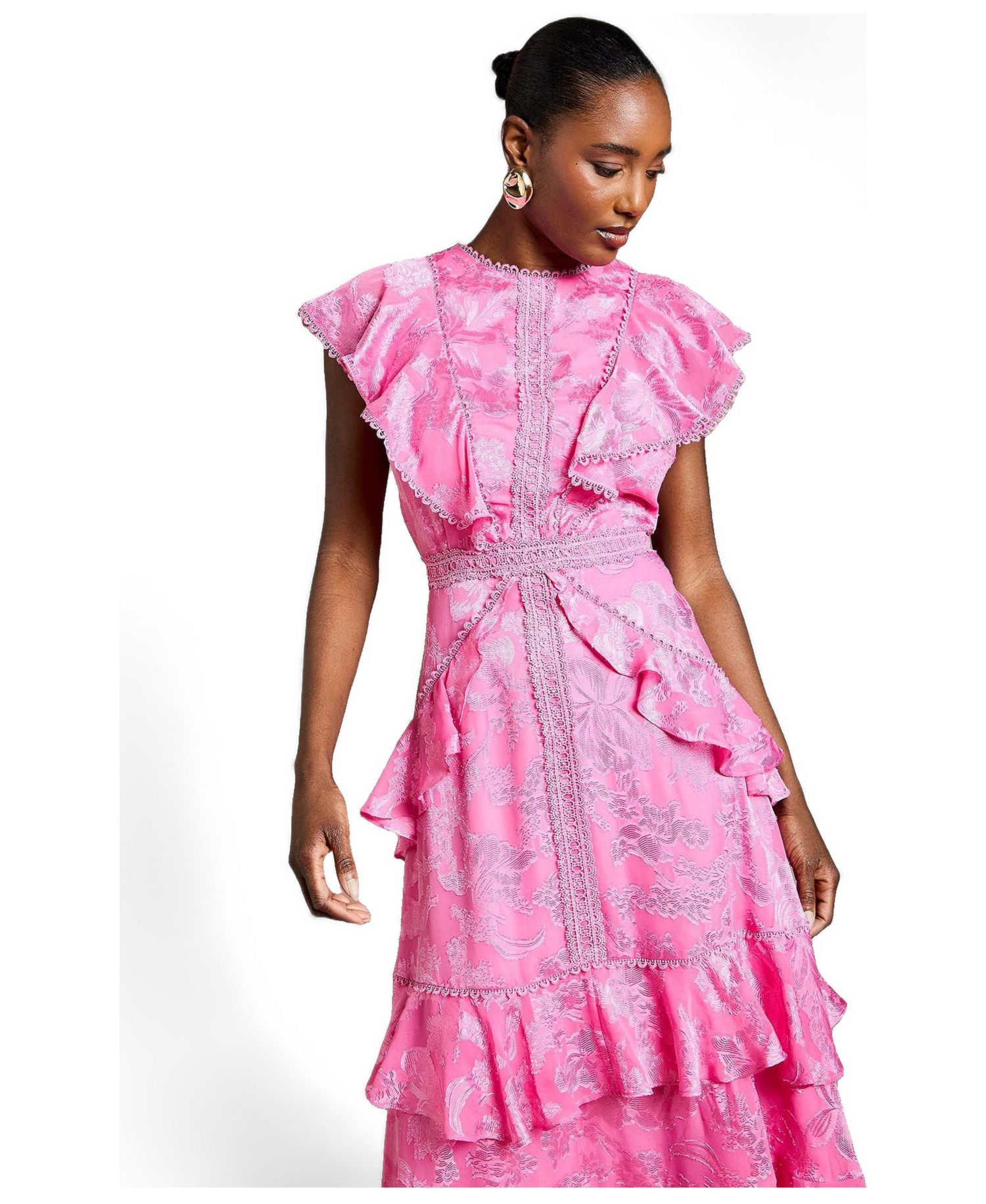 Women's Satin Ruffle Jacquard Midi Dress