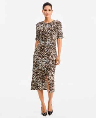 Women's Leopard-Print Front Slit Short-Sleeve Midi Dress