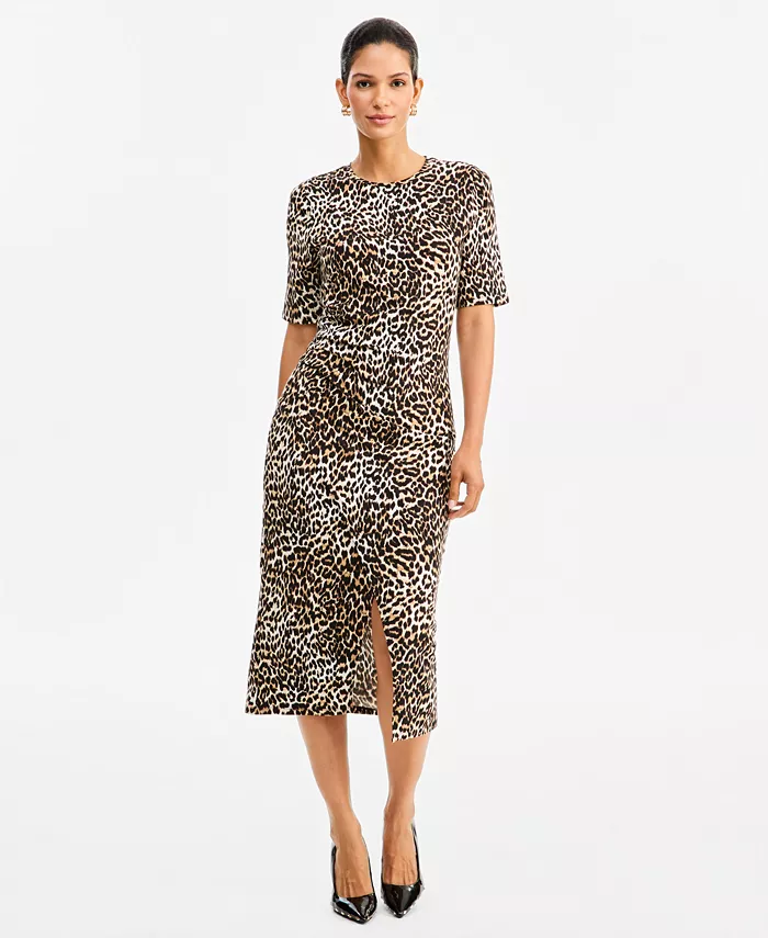 Women's Leopard-Print Front Slit Short-Sleeve Midi Dress