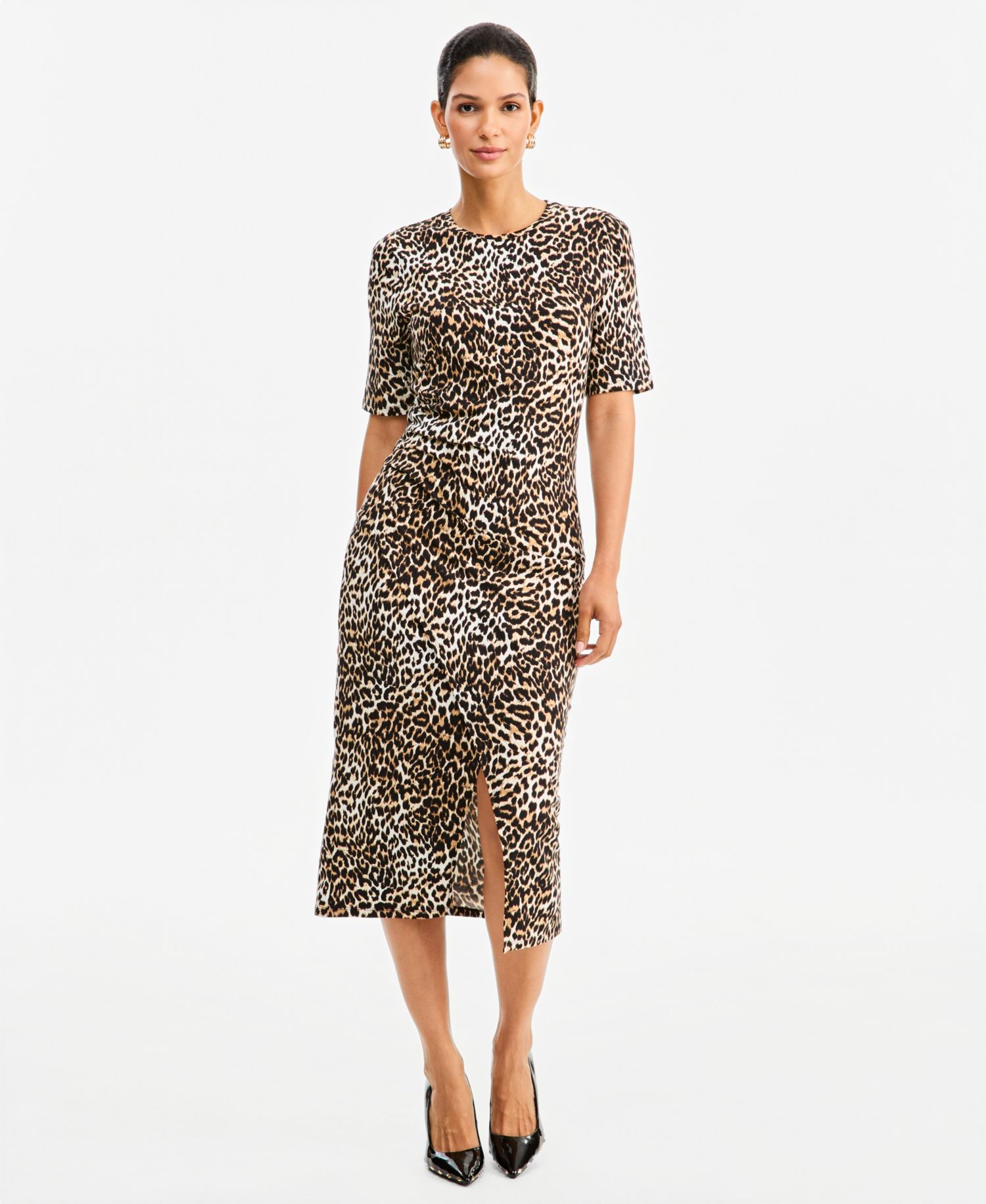 Women's Leopard-Print Front Slit Short-Sleeve Midi Dress