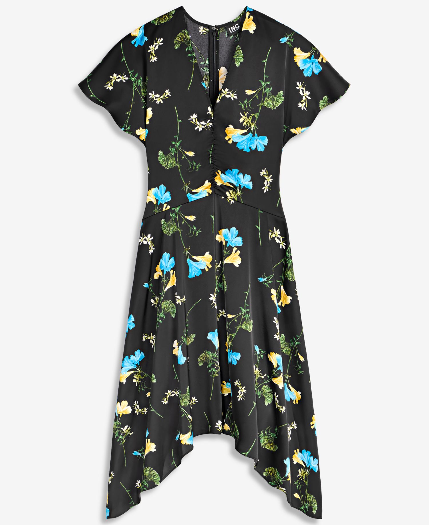 Women's Floral Satin Asymmetrical Hem Midi Dress