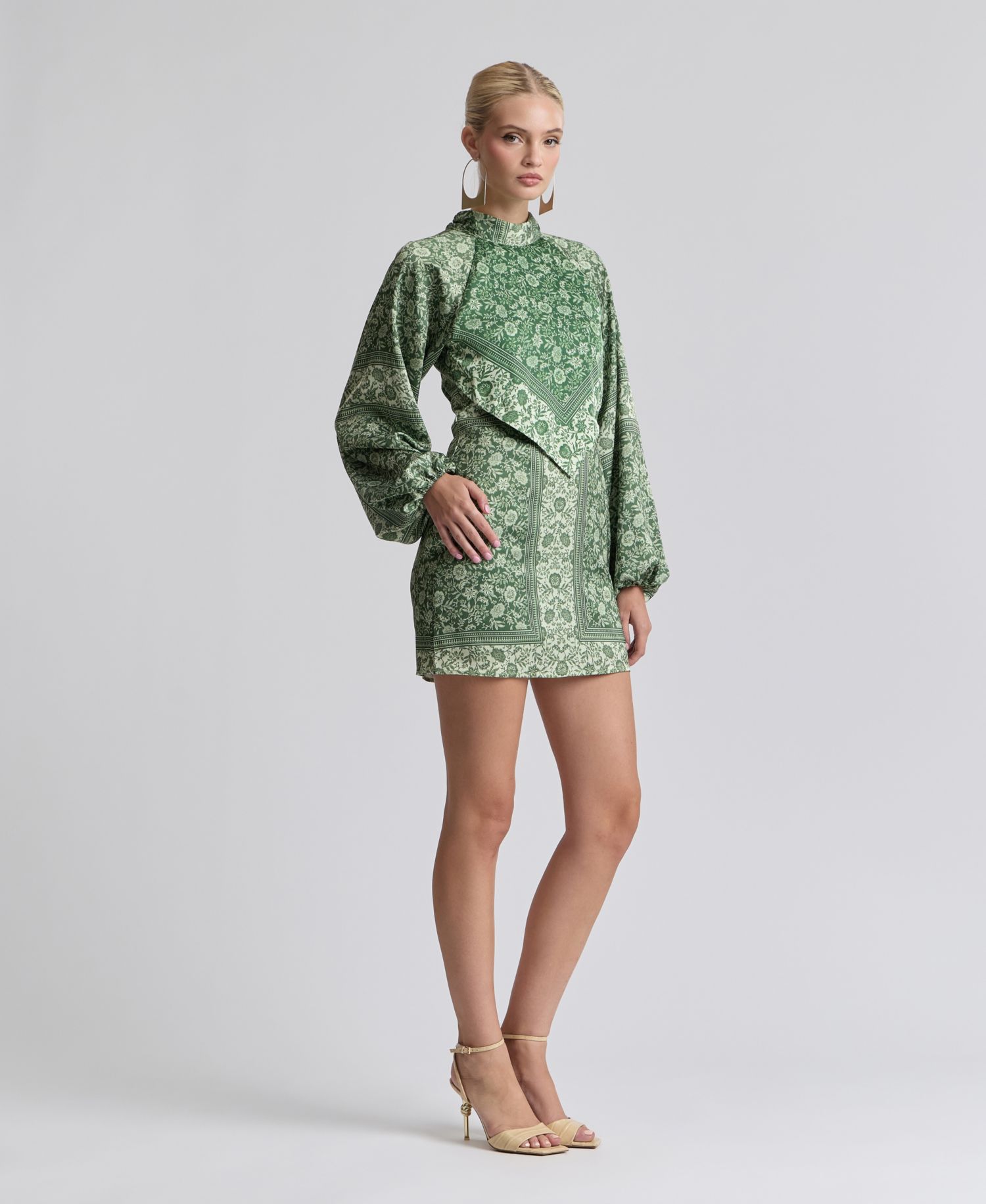 Women's Printed Satin High-Neck Scarf Mini Dress