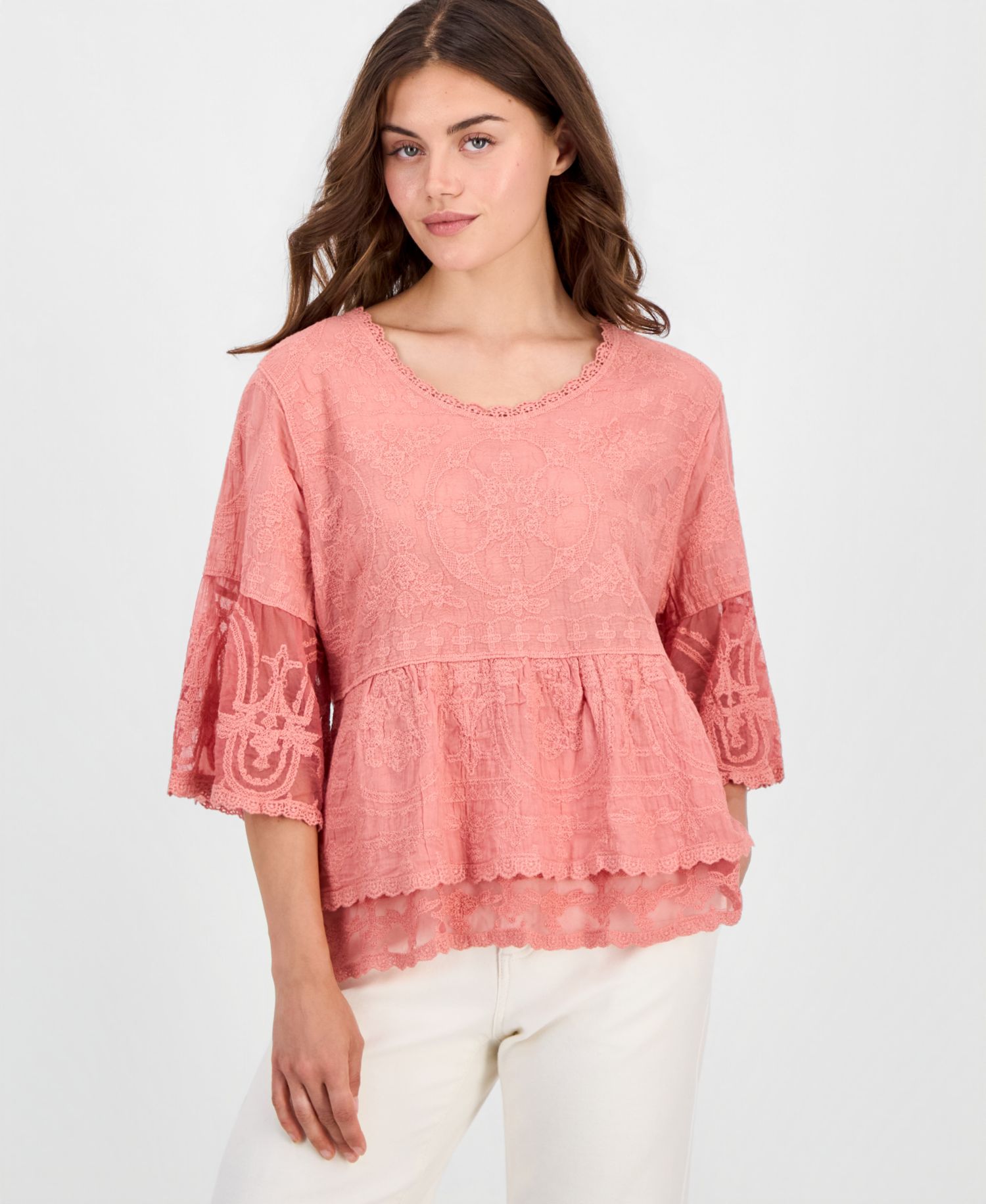 Petite 3-4 Bell Sleeve Lace Peplum Top