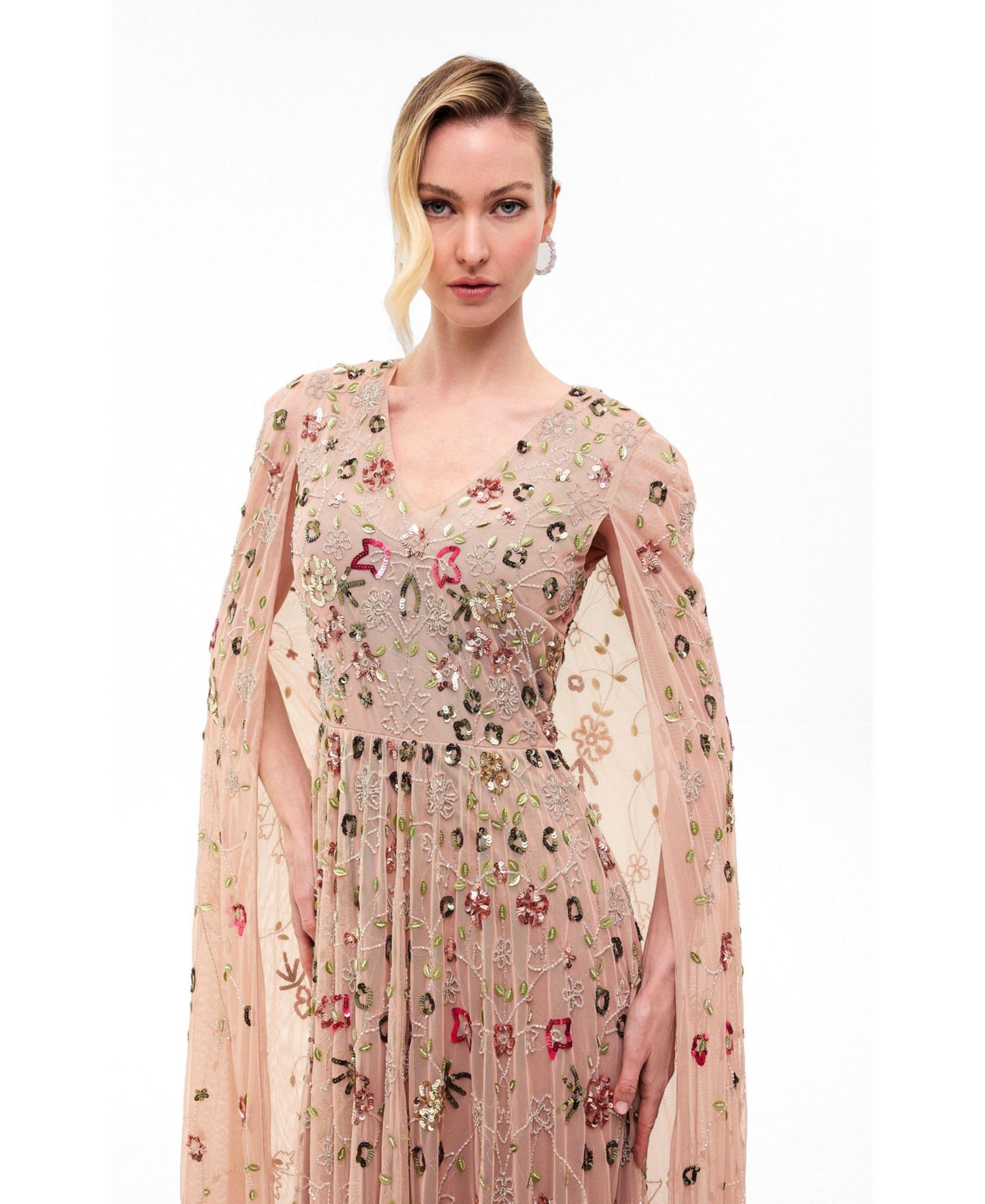 Women's Cape Sleeves Embellished Sequin Maxi Dress