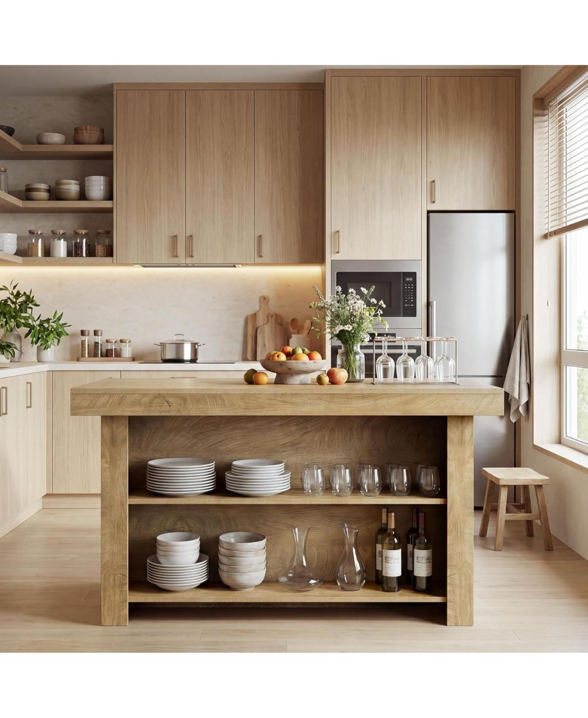 Tribesigns Kitchen Island with Storage: 63" farmhouse butcher block table with open shelves. Rustic counter for dining room, living room.