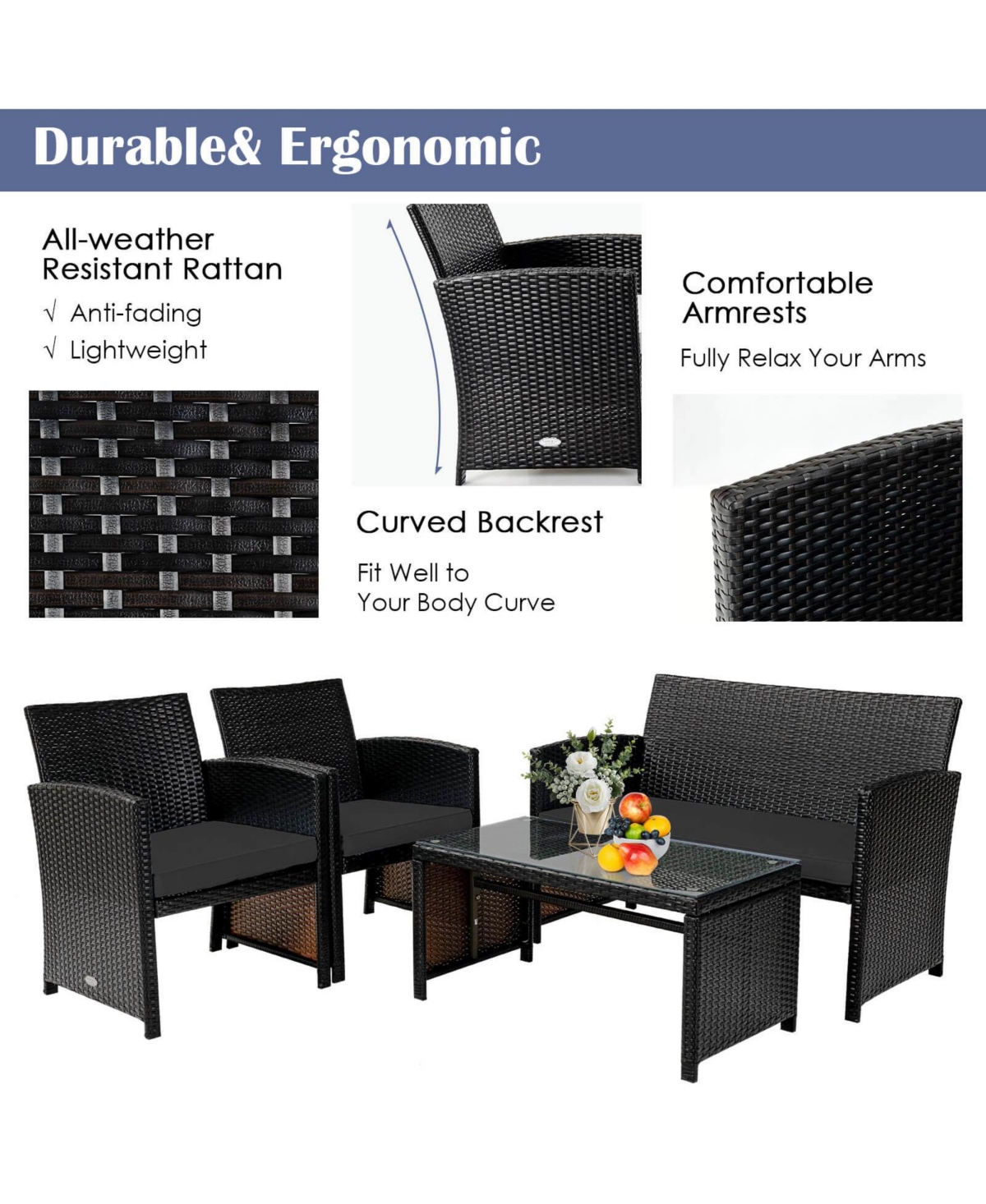 4PCS Patio Rattan Furniture Set Cushioned Chair Sofa Coffee Table