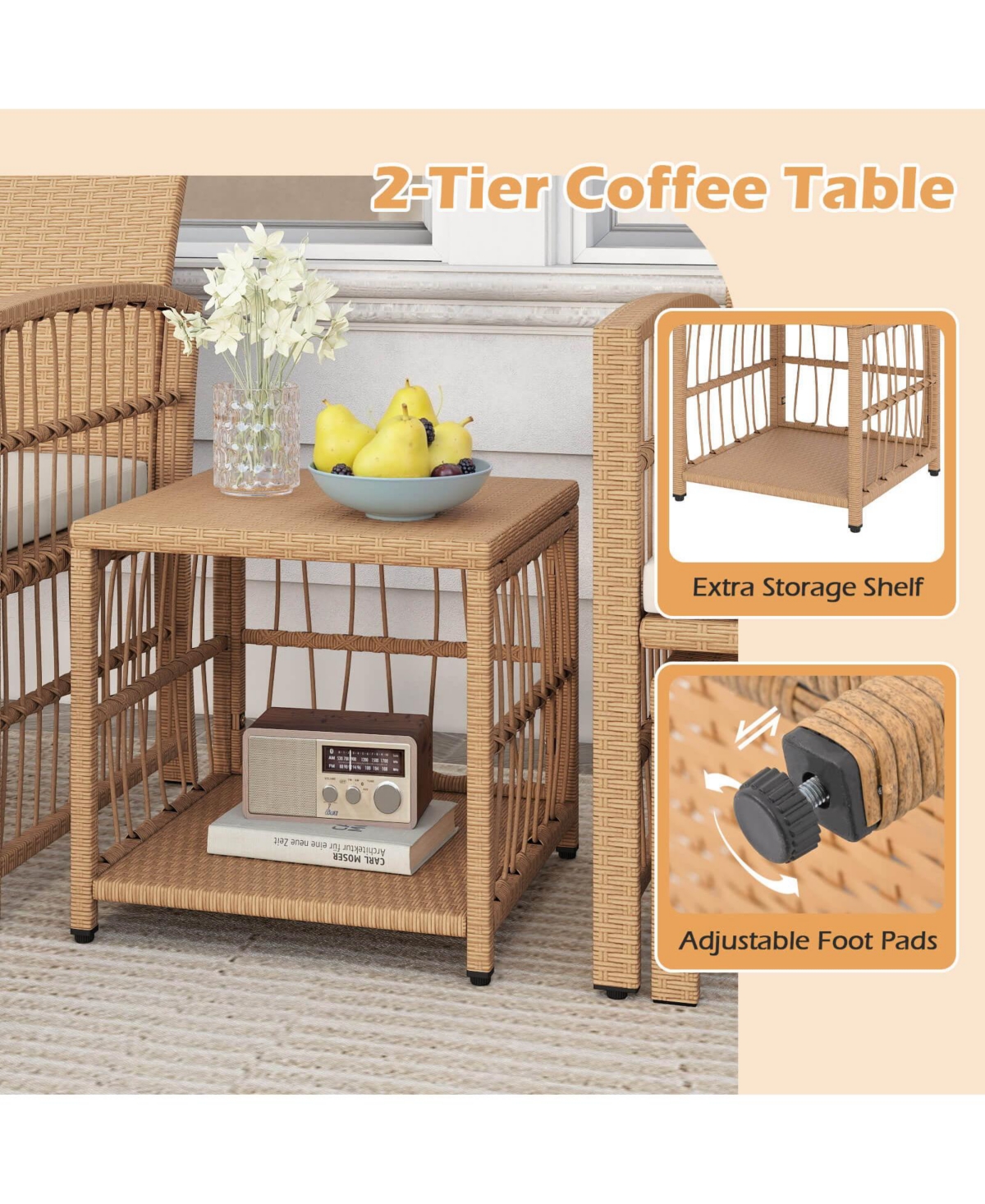 Costway 5 Pieces Patio Conversation Set Pe Rattan Balcony Furniture Set with Cushions