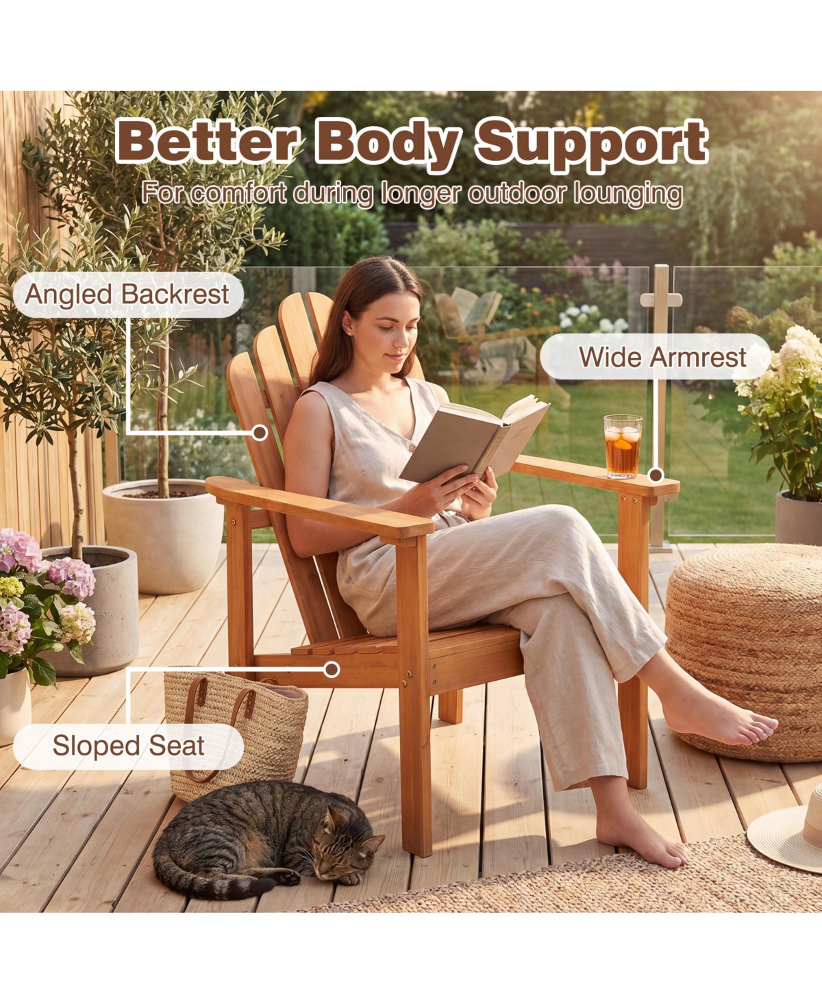 Gymax Stackable Adirondack Chair Acacia Wood Outdoor Chair With Slatted Backrest and Seat
