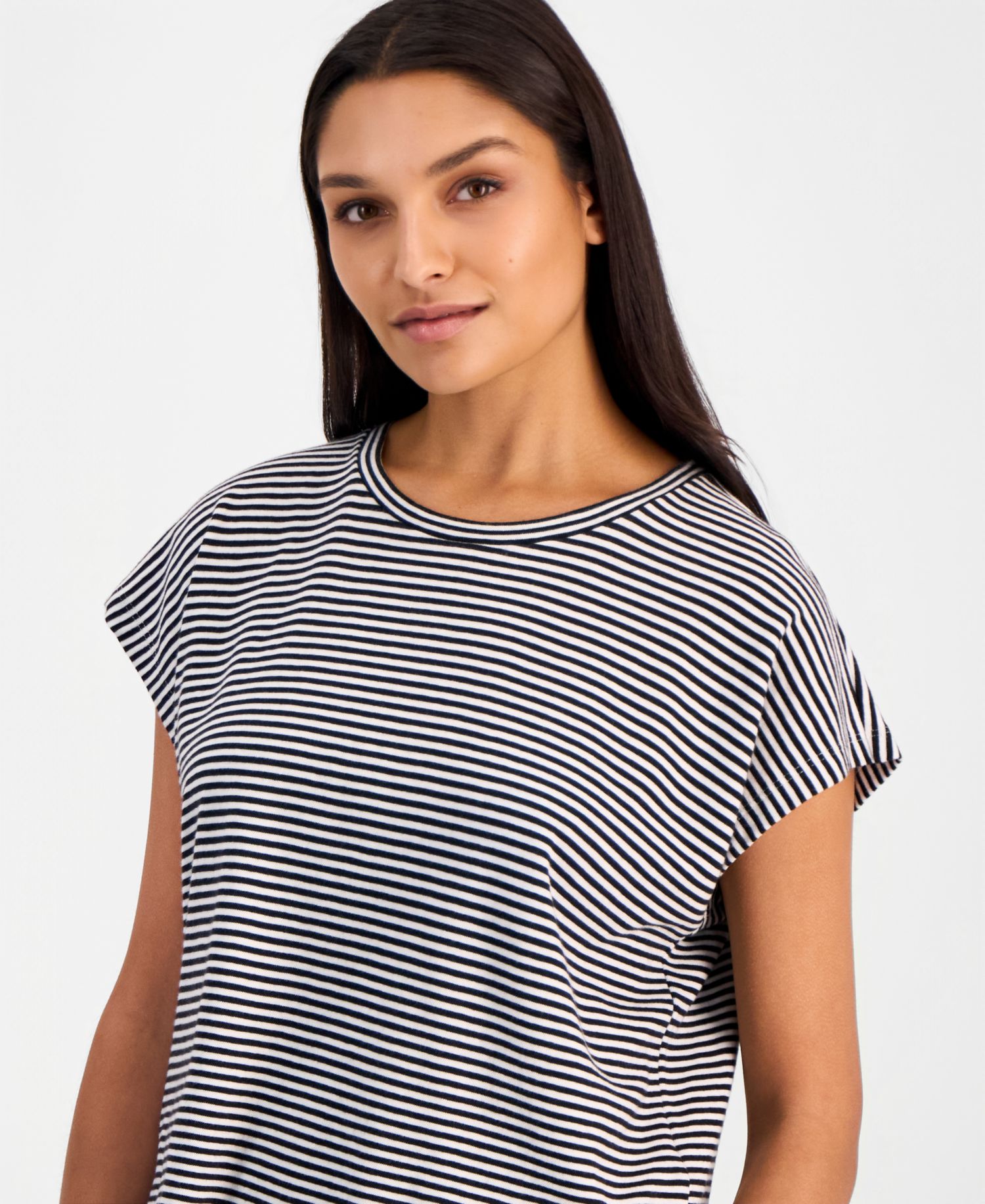 Women's Cotton Striped Cap-Sleeve Crewneck Tee