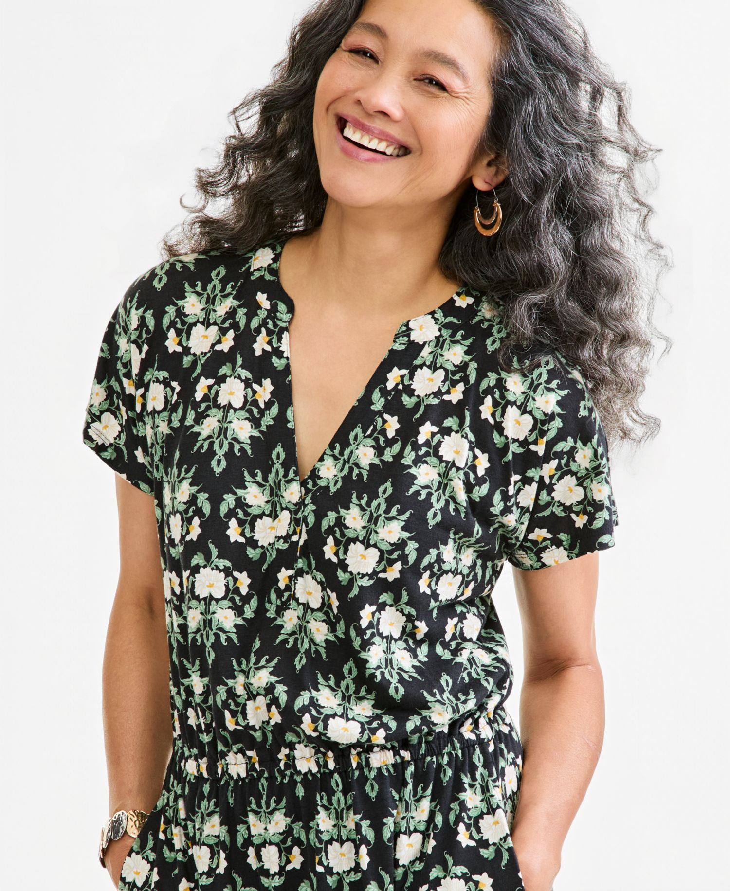 Women's Printed V-Neck Short-Sleeve Knit Midi Dress
