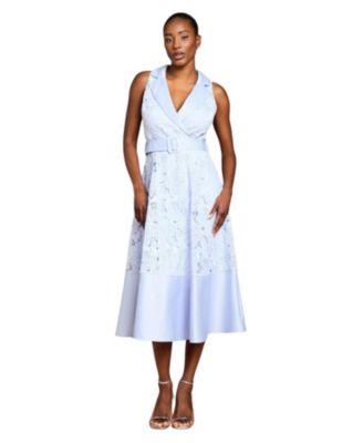 Women's Satin Trim Lace Collard Midi Dress