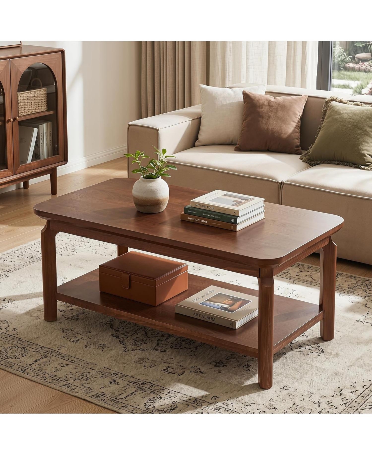 Tribesigns 47 Inch Coffee Table, Mid Century Modern Rectangular Center Table with Open Storage Shelf and Safe Rounded Corners for Living Room,Walnut