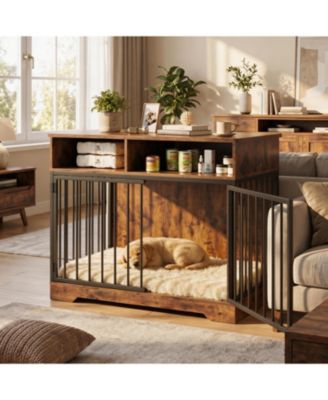  Dog Crate TV Stand, Farmhouse Media Console with Storage Drawers and Pet Bowl, Heavy Duty Indoor Kennel Table for Small and Medium Dogs