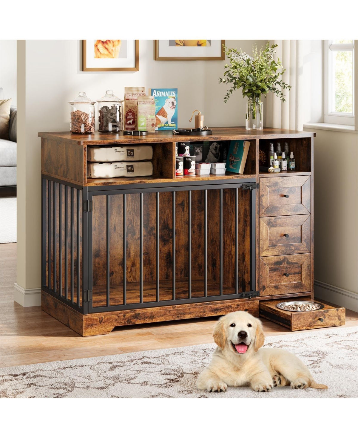 homfan Dog Crate Tv Stand, Farmhouse Media Console with Storage Drawers and Pet Bowl, Heavy Duty Indoor Kennel Table for Small and Medium Dogs - dark