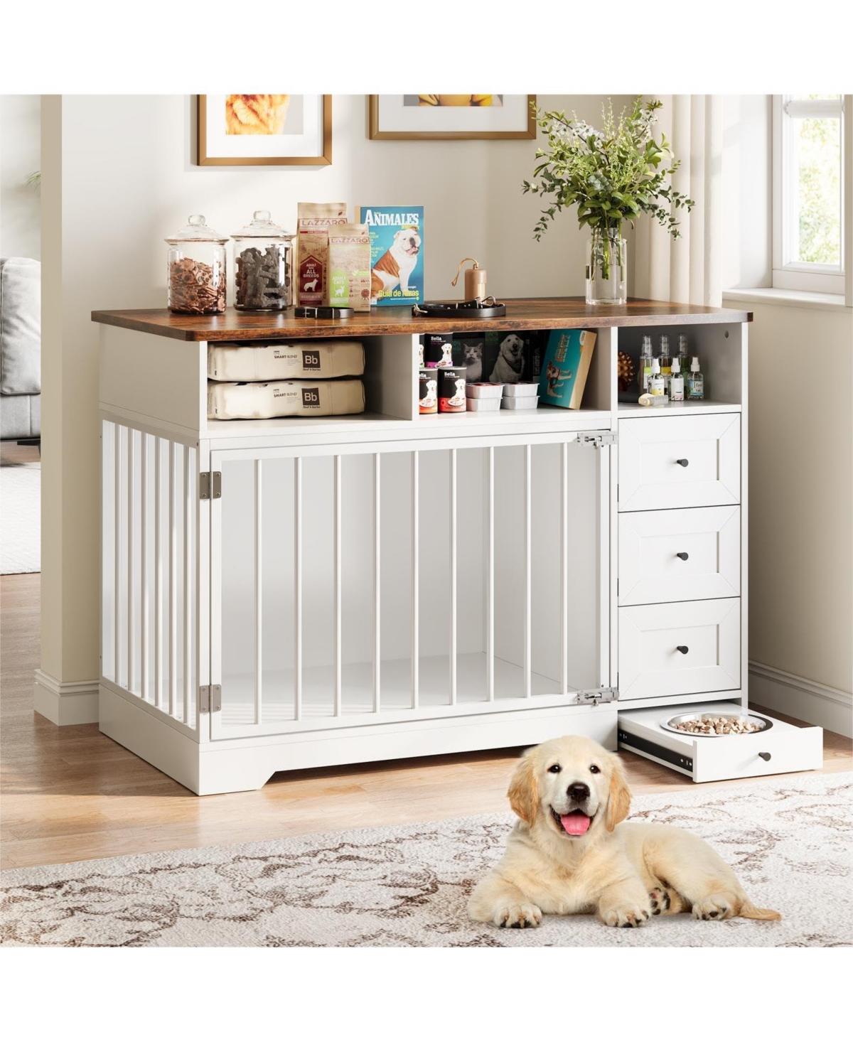 homfan Dog Crate Tv Stand, Farmhouse Media Console with Storage Drawers and Pet Bowl, Heavy Duty Indoor Kennel Table for Small and Medium Dogs - white