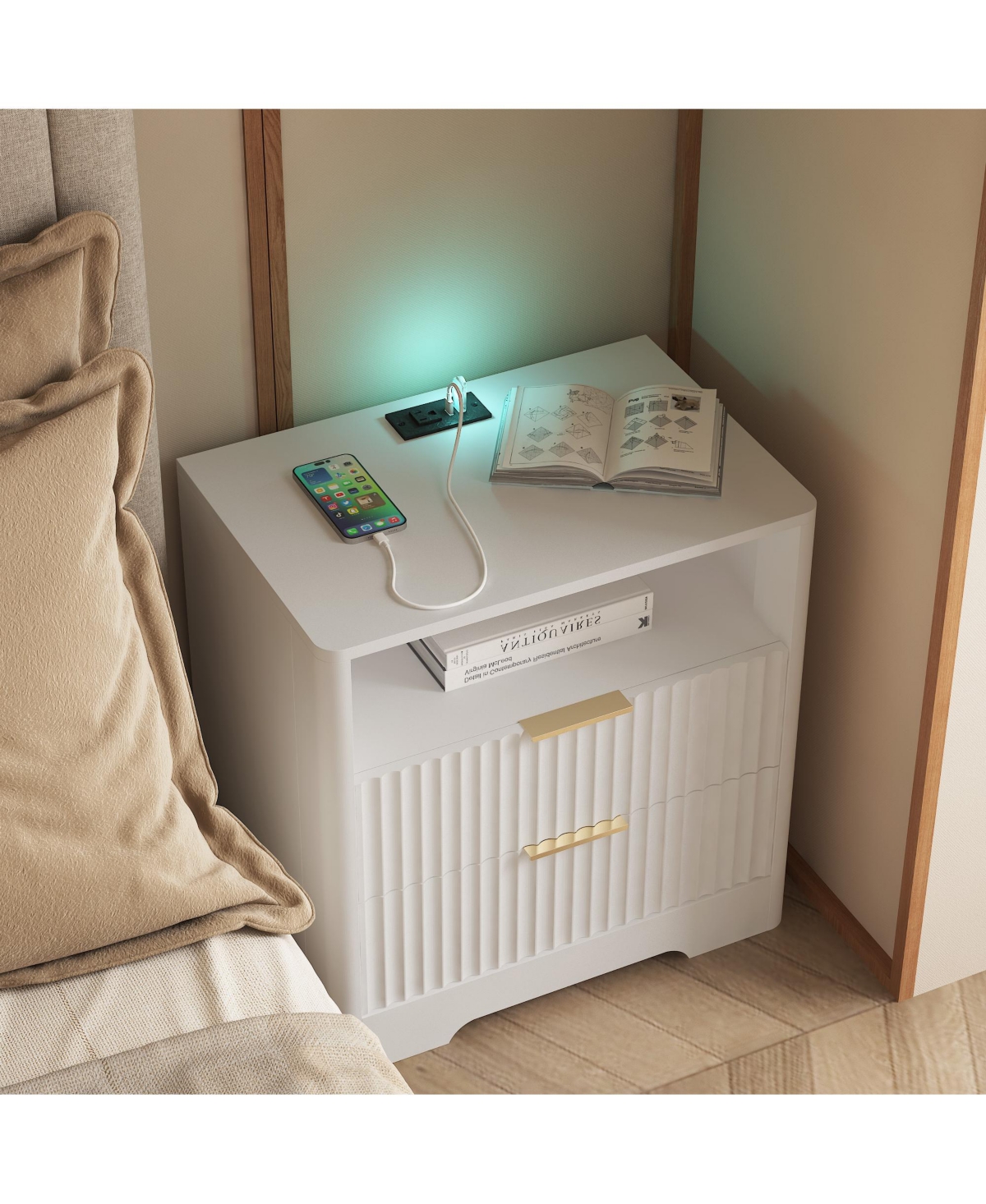Clihome Modern Bedside Tables with Storage Cabinet, Nightstand Night Light and Charging Station
