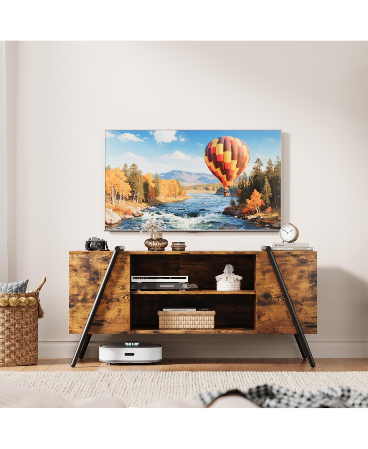 homfan Industrial Tv Stand for 47 Inch Tv, Wooden Entertainment Center, Adjustable Open Shelves, Slanted Metal Legs, Media Console