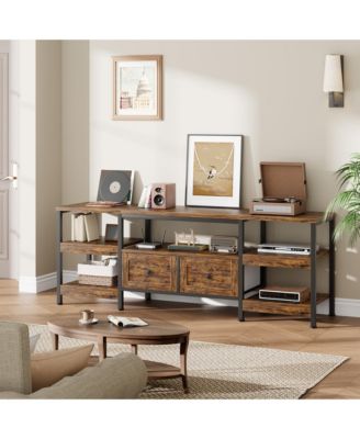 Industrial TV Stand with Metal Frame, 2 Fabric Drawers and Open Storage Shelves, Modern Living Room Entertainment Center, Fits TV's