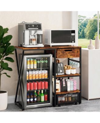 45-Inch Coffee Bar Cabinet with Mini Fridge Space Microwave Shelf Power Outlets Beverage Wine Storage Station Kitchen Pantry Organizer