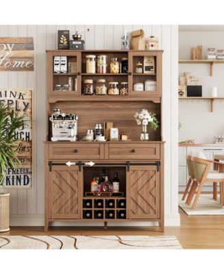 72" Farmhouse Bar Cabinet with Sliding Barn Doors, Hutch, 2 Drawers, 8 Shelves and Charging Station, Rustic Coffee Bar for Dining Room