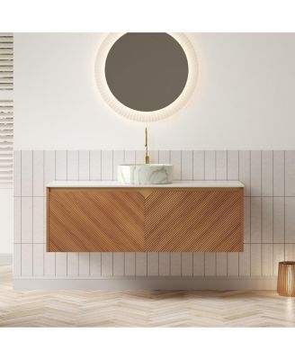 Floating Bathroom Vanity with Ceramic Vessel Sink, Carrara Sintered Stone Top, Solid Wood Door, Twill Metal Trim