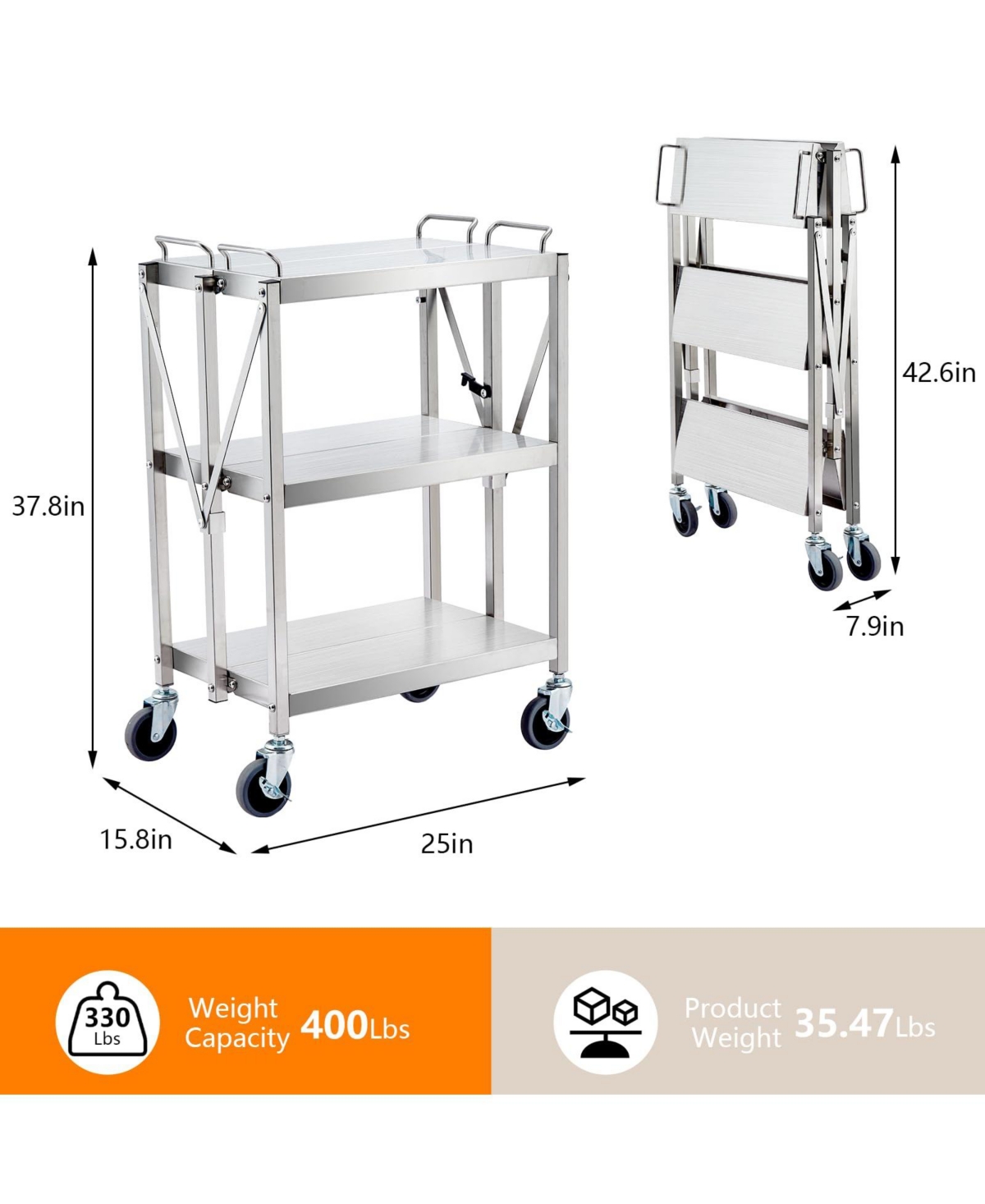 homfan 3 Tier Bar Cart, 25 Inch Stainless Steel Folding Serving Cart with Locking Wheels for Kitchen or Pantry